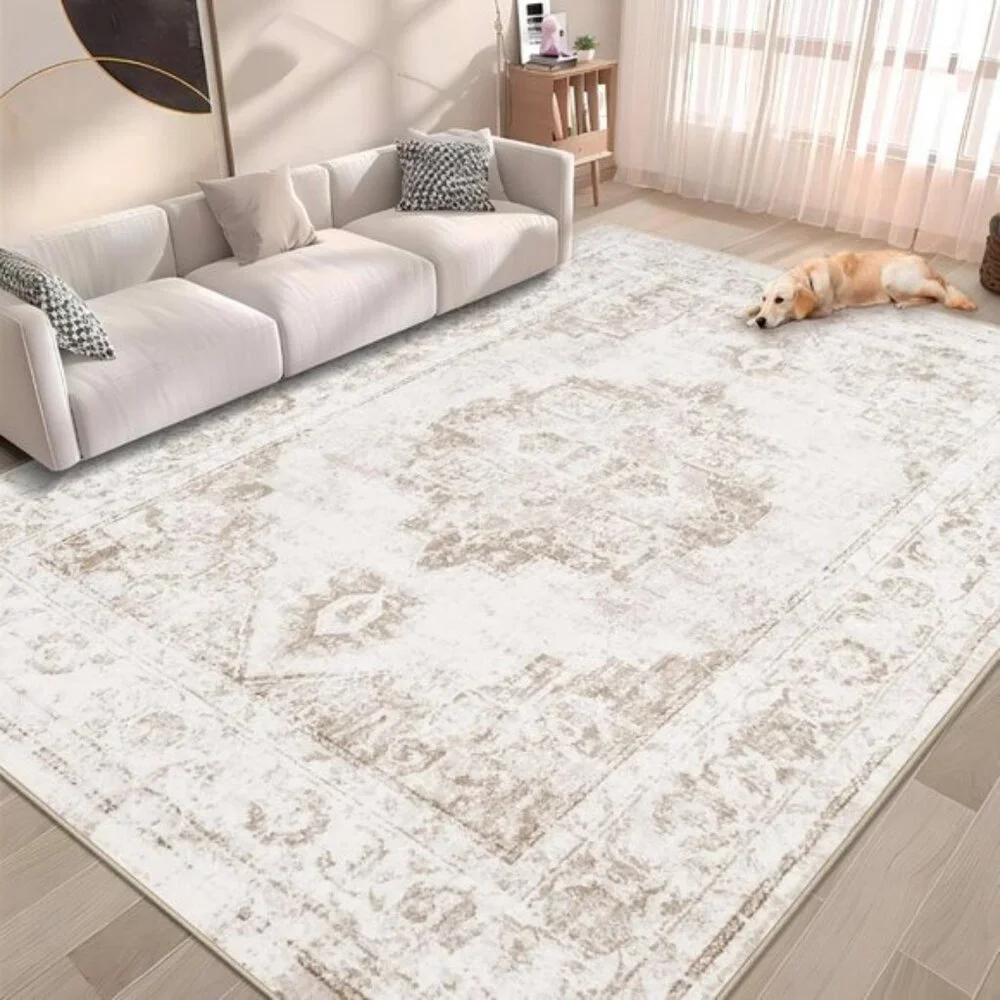 New 5x7 Beige Vintage Area Rug, Washable Low Pile Medallion Carpet for Any Room